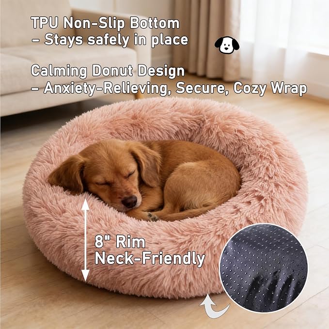 Calming Donut Dog Beds for Small Dogs Kitten - Washable Removable Cover Non-Slip Bottom, Round Pet Bed Puppy Bed Warming Fluffy Faux Fur Anti-Anxiety, Fits up to 15 lbs (Blush, 20")