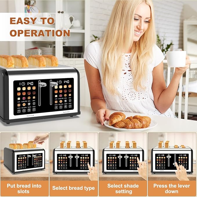 4 Slice Toaster Touch Screen, Stainless Steel Toasters Digital Timer, Dual