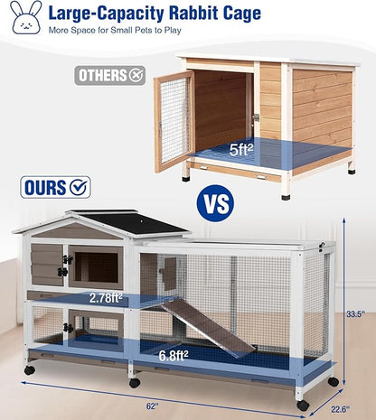 Large Rabbit Hutch Indoor, Bunny Cage Outdoor with Chew-Proof Ramp, 2-Story Guinea Pig Cages with 6 Wheels, 3 Pull-Out Trays, Waterproof Asphalt Roof, 62" L - Brown