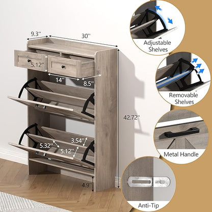 Shoe Cabinet with 2 Flip Drawers & 2 Storage Drawers, Rustic Farmhouse Narrow
