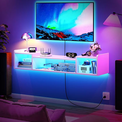 55.1"W Floating TV Stand with LED Lights & Power Outlets