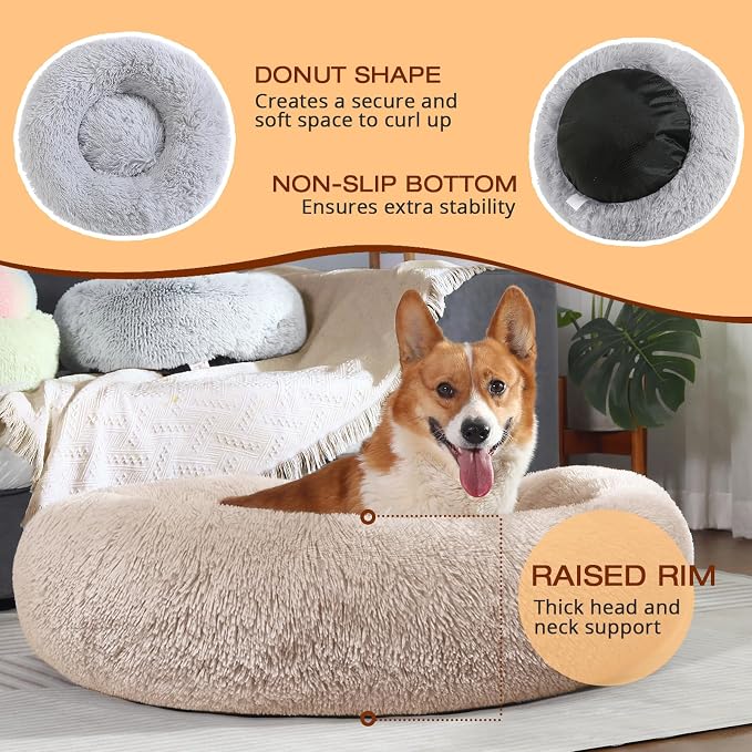 JOLLYVOGUE Dog & Cat Bed, Calming Anti-Anxiety Pet Bed for Small Dogs, Fluffy Donut Cushion for Small and Medium Pets (20")