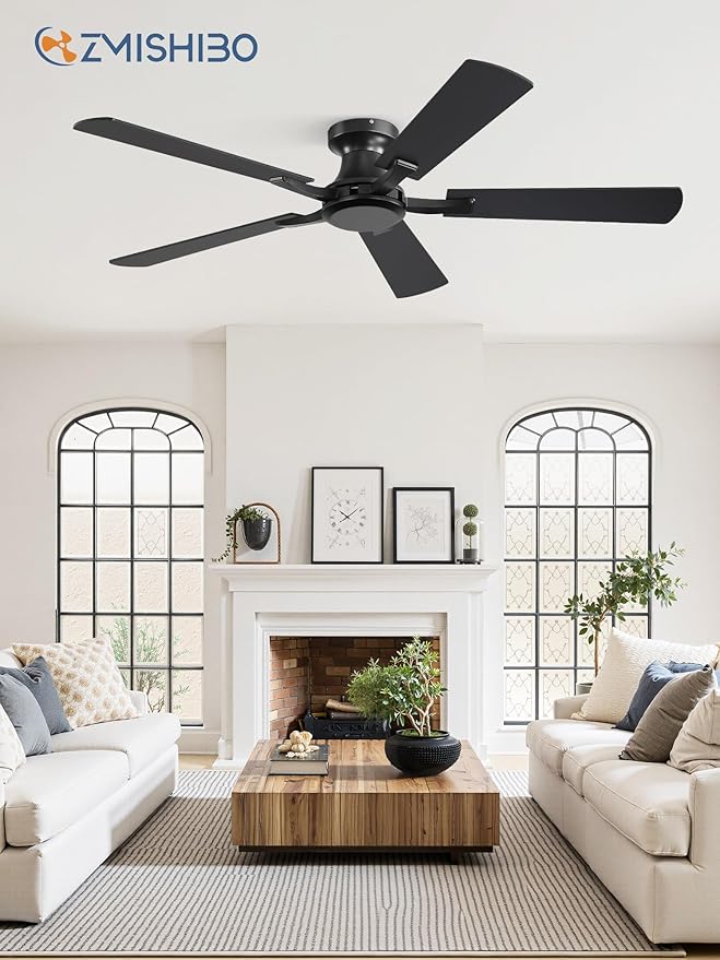 ZMISHIBO 52 Inch Ceiling Fan No Light, Flush Mount Low Profile, Modern Black