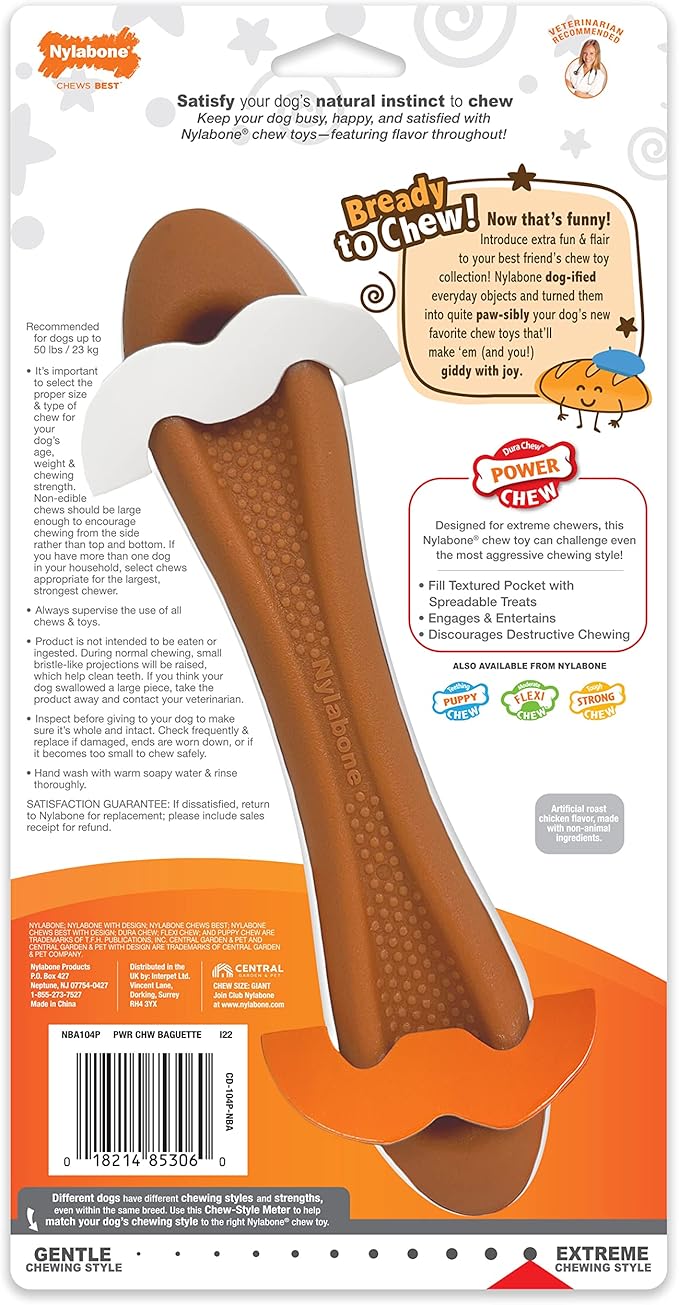 Nylabone Baguette Power Chew Toy for Dogs, Dog Toys for Aggressive Chewers, Roast Chicken Flavor, Large Dogs - Up to 50 lbs, 1 Count