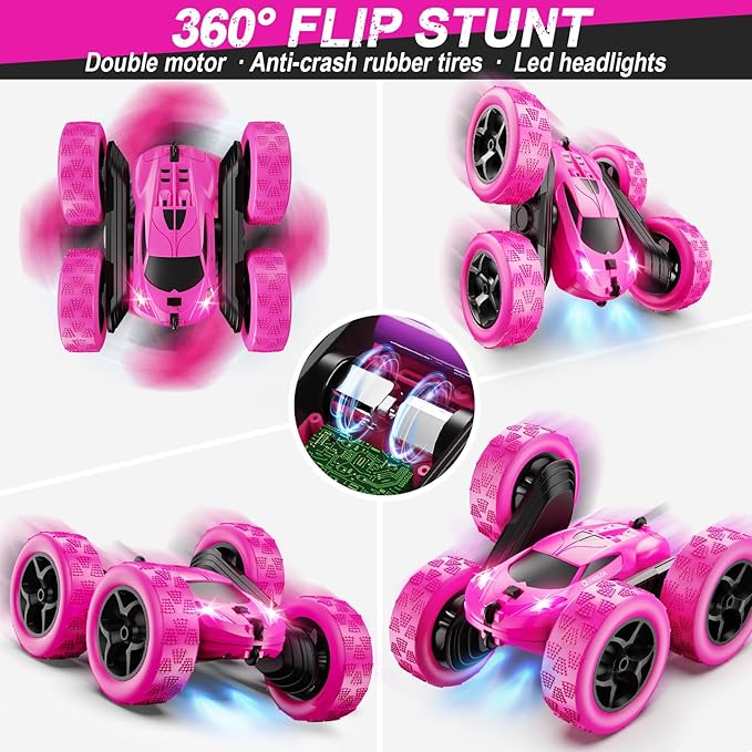 RC Cars, Rose Remote Control Car for Girls, 2.4 GHZ Double Sided RC Stunt Car 360° Rotating Remote Control Crawler with Headlights Car Toys for 6 7 8 9 10 11 12 Girls Birthday Gift