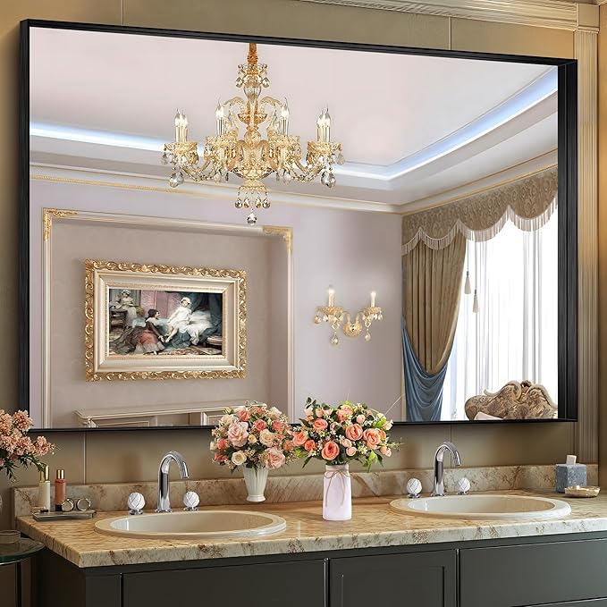 CIRCUMI Black Bathroom Mirror, Brushed Finish, Tempered Glass, Large Mirror