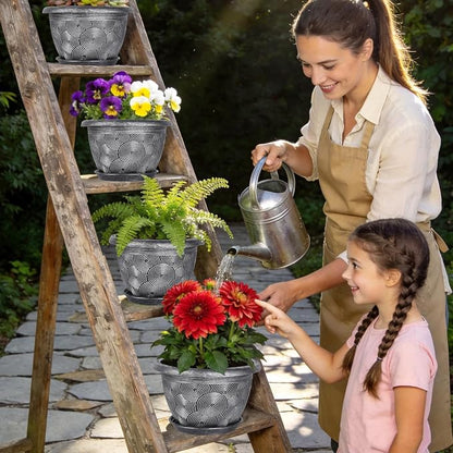12-Inch -Plastic-Pots -For-Plant With Saucer, 4 Pack Outdoor Planters With Drainage Holes, Decorative Flower Pots For Indoor Plants, Modern 3D Swirl Silver Large Plant Pots With With Removable Tray