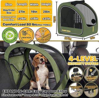 PAWZIDEA Portable Dog Crate for Car Travel, Medium & Large Dogs Up to 80lbs | Soft-Sided Dog Car Kennel for Backseat, Secures Seatbelt & Headrest Strap, Collapsible Enclosed Car Seat Carrier, Chew-Proof