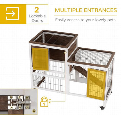 PawHut Wooden Rabbit Hutch Elevated Bunny Cage Indoor Small Animal Habitat with Enclosed Run with Wheels, Ramp, Removable Tray Ideal for Guinea Pigs, Brown