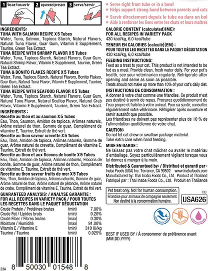 INABA Churu Cat Treats, Lickable, Squeezable Creamy Purée Cat Treat with Green Tea Extract & Taurine, 0.5 Ounces Each Tube, 20 Tubes, Seafood Variety Box