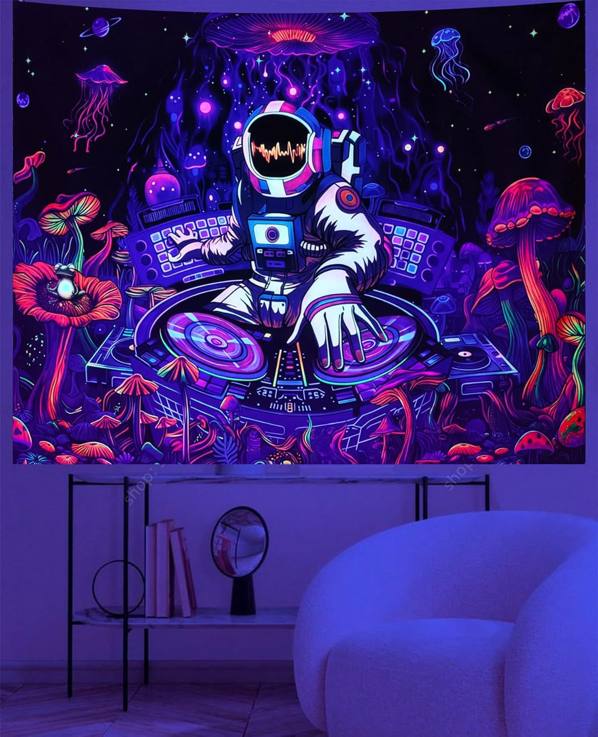 Blacklight Astronaut Tapestry Glow In The Dark Funny DJ Music Tapestry UV Reactive Space Galaxy Planet Mushroom Floral Jellyfish Frog Tapestries Wall Hanging for Home Dorm Living Room Decor W59×H51