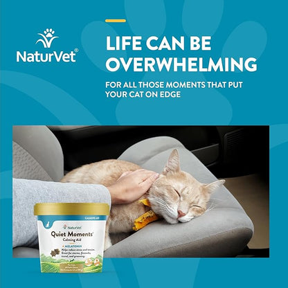 NaturVet –Quiet Moments Calming Aid for Cats Plus Melatonin – 60 Soft Chews – Helps Reduce Stress & Promote Relaxation – Great for Storms, Fireworks, Travel & Grooming