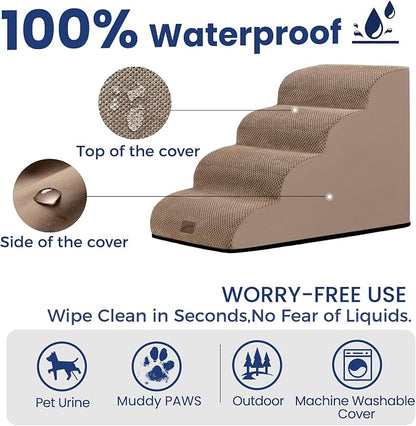 GoGoBunny Waterproof High Density Foam Curved Dog Stairs for High Beds Couches 19.7" H, 4-Step Ramp Dog Steps Friendly to Small Medium Dogs or Pets Joints, Non-Slip Balanced Durable Pet Step, Camel