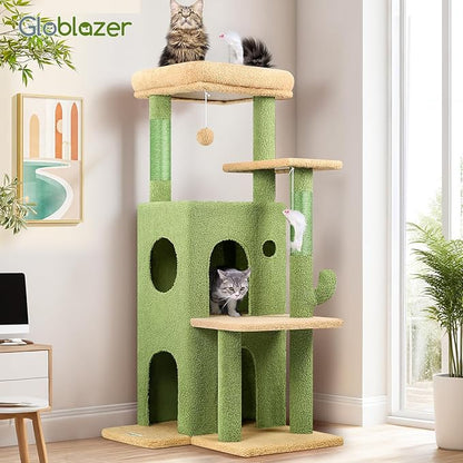 Globlazer Cactus Cat Tree Tower for Indoor Cats, 50-inch Adult Cat Tree House for Large Adult Cats with Steps, Scratching Post, 2 Cat Caves, Dangling Toys, FC50, Green