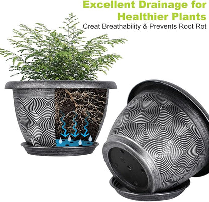 12-Inch -Plastic-Pots -For-Plant With Saucer, 4 Pack Outdoor Planters With Drainage Holes, Decorative Flower Pots For Indoor Plants, Modern 3D Swirl Silver Large Plant Pots With With Removable Tray