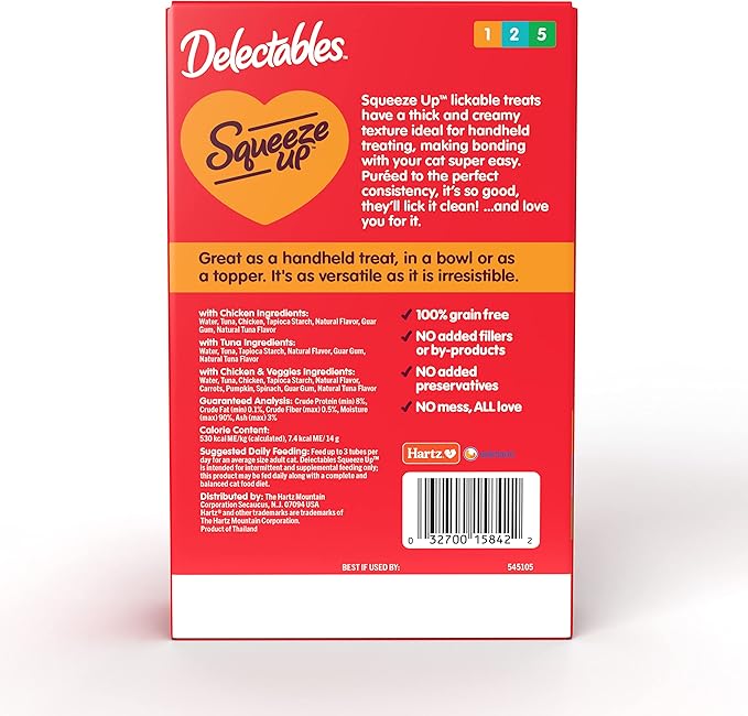 Delectables Squeeze Up Variety Pack, Creamy Squeezable Puree, Lickable Wet Cat Treats, Grain Free, No Added Fillers, No by-Products, No Added Preservatives, 0.5 Ounces Tube, 20 Tubes Total