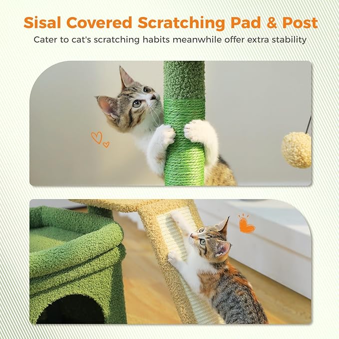 PEQULTI Small Cat Tree Cactus Cat Tower for Large Adult Cats with Wide Top Perch, Private Cat Condo and Sisal Scratching Post&Pad for Indoor Cats, Green