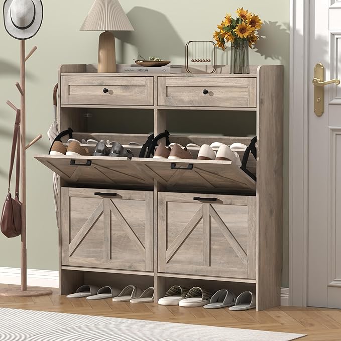 Shoe Cabinet with 4 Flip Drawers & 2 Storage Drawers, Rustic Farmhouse Narrow