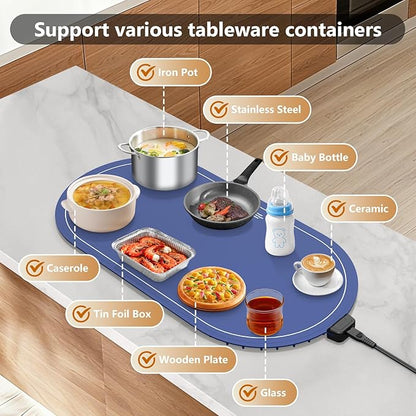 Warming Mat for Food with Adjustable Temperature Timer, 10S Fast Heating