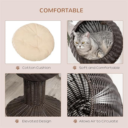 PawHut Elevated Cat Bed with Rotatable Egg Chair Pod, Cat Basket Bed with Thick Cushion, Natural Mat Grass Woven Kitty House, Coffee | Cat Basket Bed, Natural Mat Grass Woven Kitty House