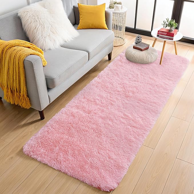 OLANLY 2x6 Machine Washable Runner Rugs for Hallway, Soft Fluffy Shaggy Bedside Rugs for Bedroom, Living Room, Indoor Floor Carpet for Kids Girls and Boys, Nursery Rooms, Home Decor Aesthetic, Pink