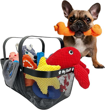 Dog Toy Basket Metal Mesh Metal, Chew Proof, 16 (L) x 9.5 (W) x 7 (H) inches Black Dog Toy Bin, Sturdy Pet Toy Basket