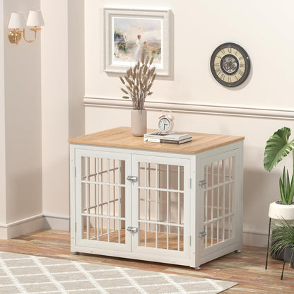 32 Inch Heavy Duty Dog Crate Furniture for Medium and Small Dogs, Decorative Pet House End Table, Wooden Cage Kennel Furniture Indoor, Natural and White