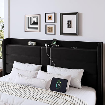 Allewie Full Size Platform Bed Frame with Charging Station & Storage Headboard, Upholstered Velvet Wingback Design & USB Port, Strong Wooden Slats Support, No Box Spring Needed, Easy Assembly, Black