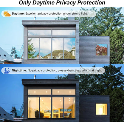 Kromapolis One Way Window Privacy Film Reflective Mirror Home Window Tint, Daytime Privacy Heat Control Anti UV Glass Tinting Static Cling (Silver, 45.2 x 236.2 inch)