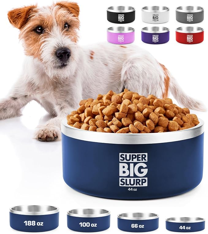 Tuff Pupper Heavy Duty Insulated Dog Bowl | Double Wall Stainless Steel Dog Food Dish | Non-Slip Spill Proof Dishwasher Safe Cat Bowl | Water Dish for Feeding Large Medium Small Pets (44oz, Blue)