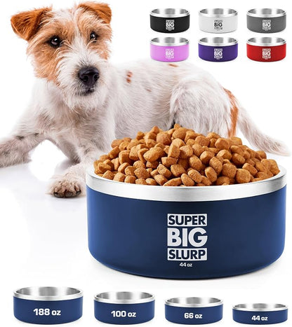 Tuff Pupper Heavy Duty Insulated Dog Bowl | Double Wall Stainless Steel Dog Food Dish | Non-Slip Spill Proof Dishwasher Safe Cat Bowl | Water Dish for Feeding Large Medium Small Pets (44oz, Blue)