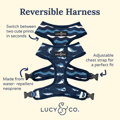 Lucy & Co. Reversible Dog Harness - Water-Repellent Neoprene, Dual-Print Design, Easy Swap Style, Adjustable Comfort Fit - Shark Attack Reversible Harness - Medium