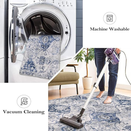 Lahome Moroccan Trellis Washable Runner Rug, 2x6 Kitchen Runners for Hallways 6 Feet Non Slip, Vintage Laundry Room Rug Ultra-Thin Long Carpet for Bathroom Bedroom Entryway, White/Royal Blue