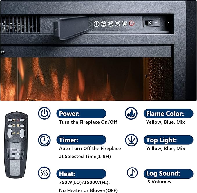 25.4 Inches Electric Fireplace Insert, 750W/1500W Fireplace Heater