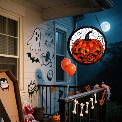 Stained Glass Window Hanging - Halloween Red White Scary Pumpkin Suncatcher for Doors Garden Home Spooky Rattan Sun Catchers Gothic Decor Horror Gifts for Women Men Friend Boy Girl 6.3 in