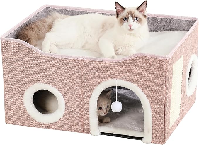 Large Cat Bed for Indoor Cats, Extra Wide Cat Cave House with Scratch Pad and Fluffy Ball, Foldable Cat Hideaway for Kitten Bed, Cat Condo for Cats (Pink, X-Large)