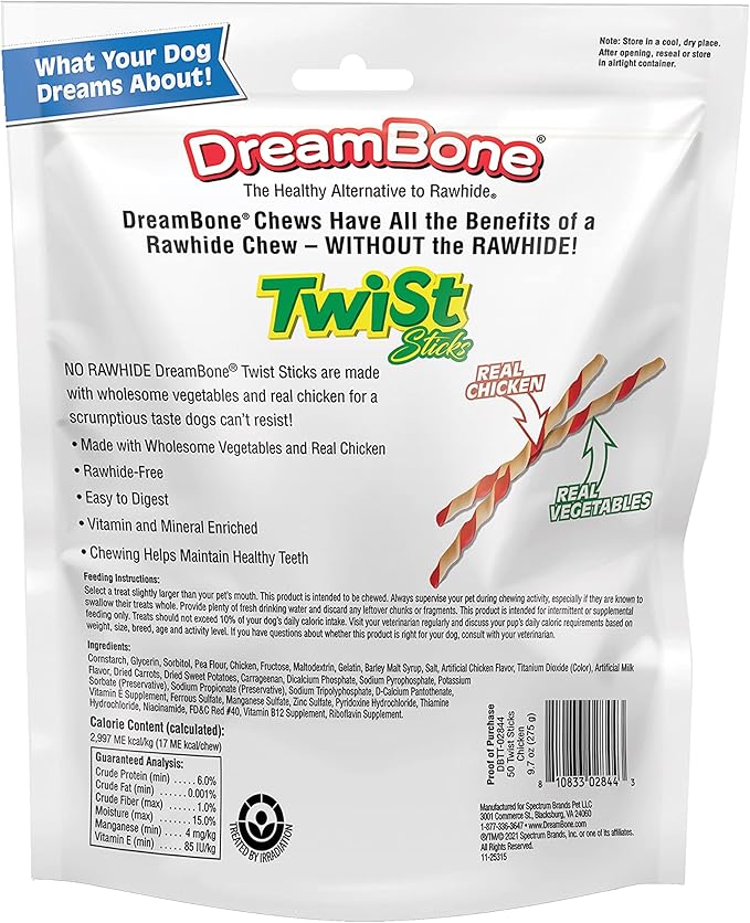 DreamBone Twist Sticks, Made With Real Chicken, Rawhide-Free Chews for Dogs, 50 Count