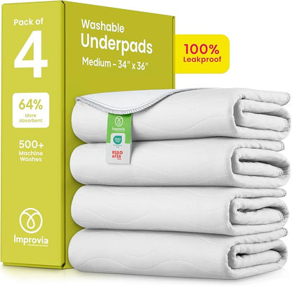 IMPROVIA® Washable Underpads, Heavy Absorbency Reusable Incontinence Pads for Kids, Adults, Elderly, and Pets - Waterproof Protection Floor White & White (4 Pack - 34x36)