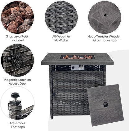 Belord 5 Pieces Patio Wicker Furniture Set - 4 Outdoor Swivel Rocker Glider Chairs with Propane Fire Pit Table, Patio Conversation Set Grey Cushion Perfect for Casual Gathering