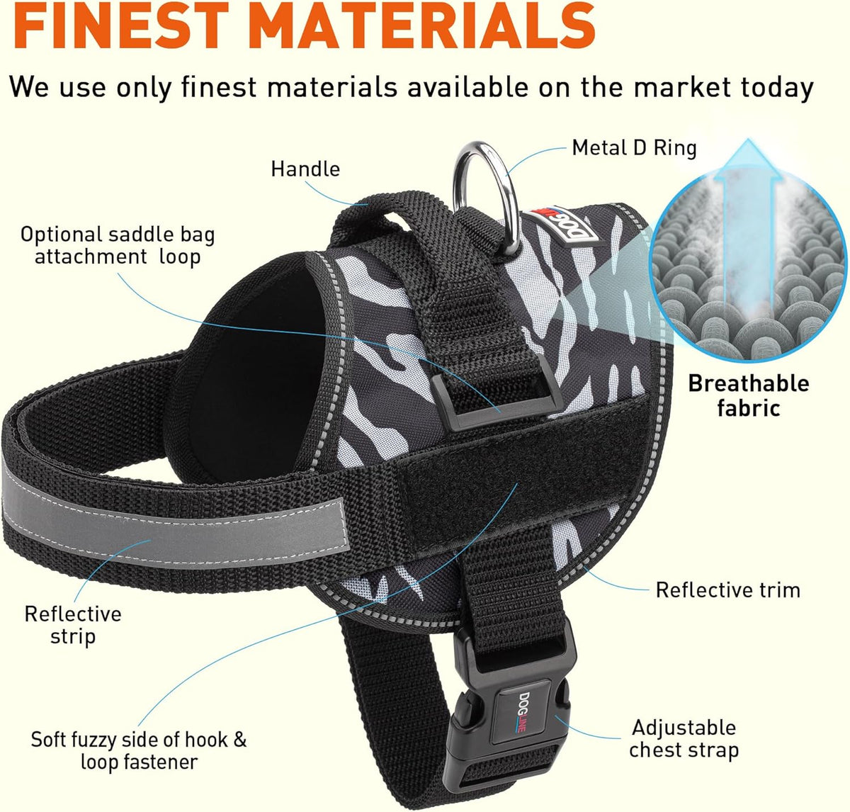 Dogline Dog Harness, Reflective No-Pull Adjustable Vest with Handle for Walking, Training, Breathable, No - Choke Harness for Small, Medium or Large Dogs Room for Patches Zebra Black/White L 27"-34"