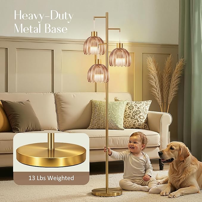 COTTHOS Floor Lamp for Living Room, Modern Standing Lamp Brass Glass Green Tree 3 Light Tall Floor Lamps for Bedroom & 800 Lumens LED Bulbs, Vintage Flower Lamp Shade Farmhouse Boho Bohemian Gold