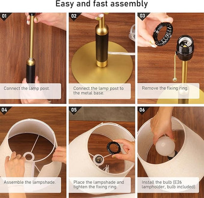 18.9" Modern Table Lamp Bedside Lamps for Nightstand Lamp for Bedroom Living Room End Tables 3-Color Night Light Pull Chain Switch Wood Fabric for Home Office Dorm Decor (Light Brown+Brass)