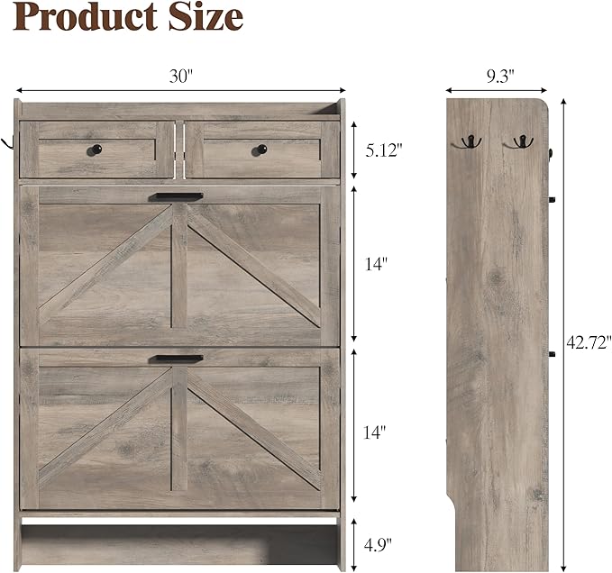 Shoe Cabinet with 2 Flip Drawers & 2 Storage Drawers, Rustic Farmhouse Narrow
