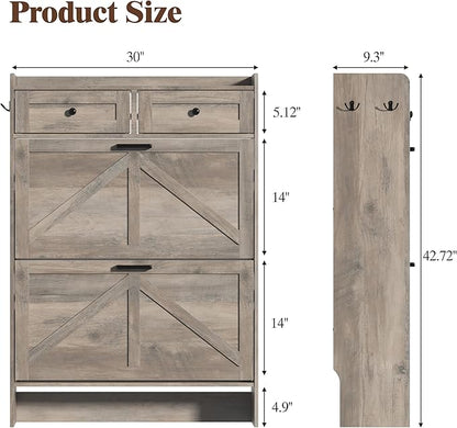 Shoe Cabinet with 2 Flip Drawers & 2 Storage Drawers, Rustic Farmhouse Narrow