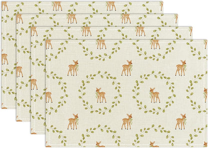 Fawn Themed Placemats Set of 4, Green Leaf Table Mat for Home Kitchen, Restaurants, Outdoor Linen Washable Place Mats 12x18 inch Party Event Dining Decoration-10