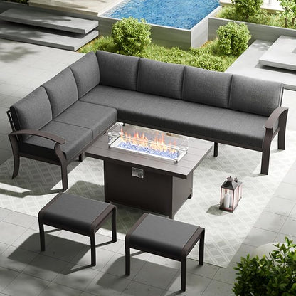 RTDTD Aluminum Outdoor Patio Furniture Set,8 Seats Patio Conversation Sets with 45" Propane Fire Pit Table,Metal Patio Sectional Furniture Set with Ottomans,Grey