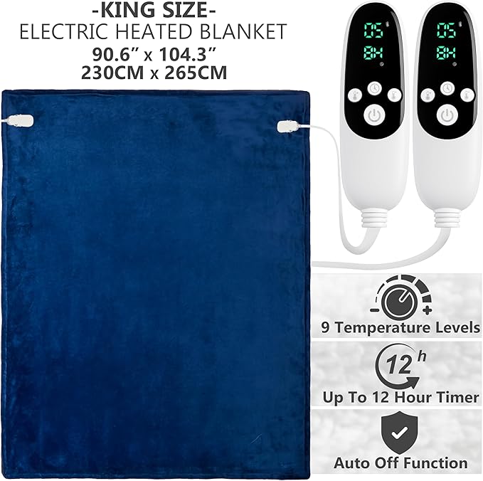 Heated Blanket Electric Luxurious Fleece King Blanket, 9 Heat Settings & 12H