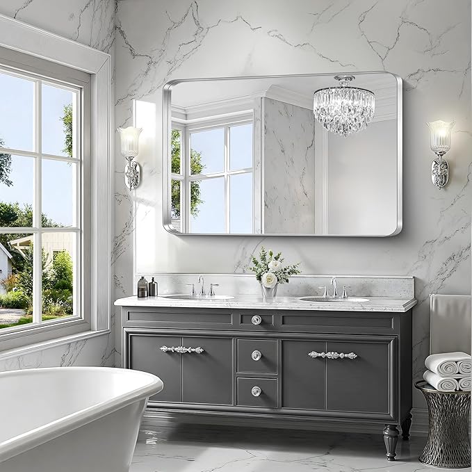 CIRCUMI Silver Bathroom Mirror, Rounded Corner, Tempered Glass, Large Mirror