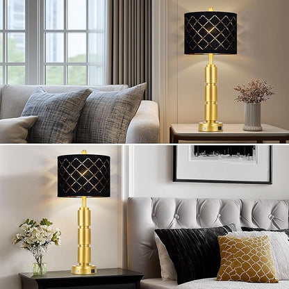 Set of 2 Modern Table Lamps for Living Room Bedroom,29" Tall Bedside Lamp with 2 USB Port,Gold Metal Touch Nightstand Lamp with Black Grid Shade for End Table Entryway,Gold