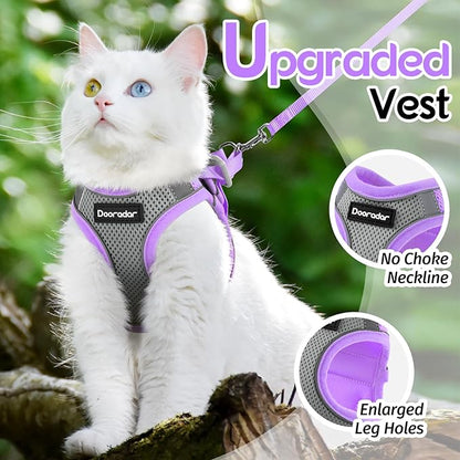 Dooradar Cat Harness and Leash Set, Escape Proof Lightweight Kitten Harness, Soft Breathable Reflective Vest for Outdoor Walking Traveling, Adjustable for Small Cats, Grey & Purple, S